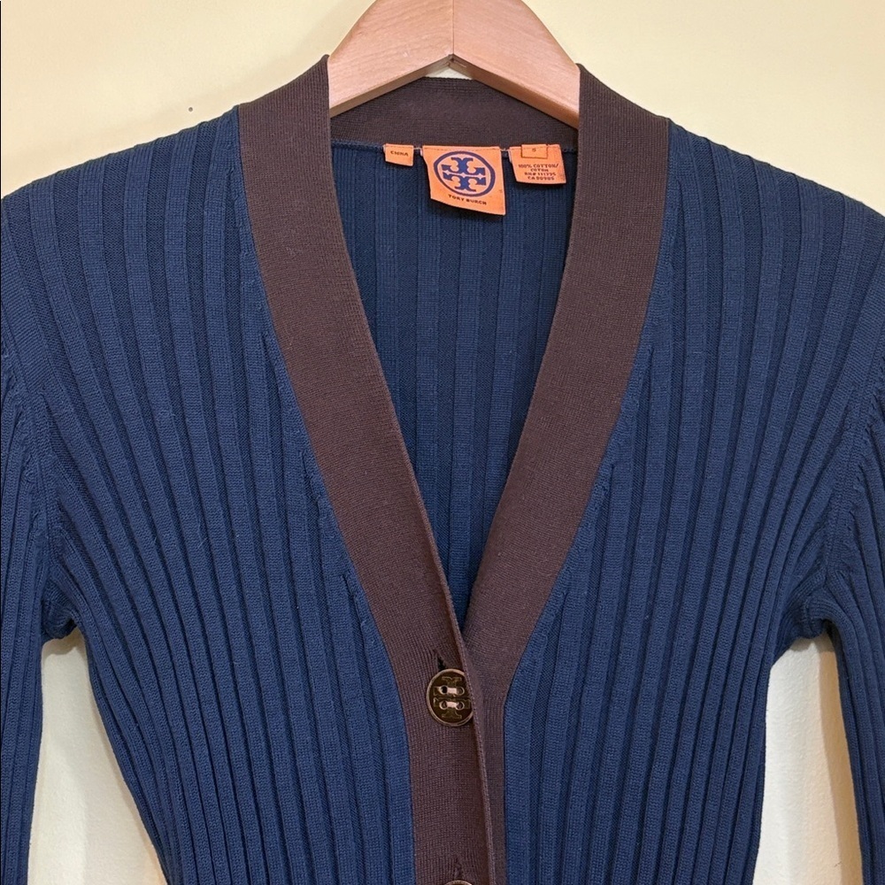 Tory Burch Simone Navy Brown Ribbed 100% Cotton V Neck Button Knit Cardigan S - Picture 4 of 13